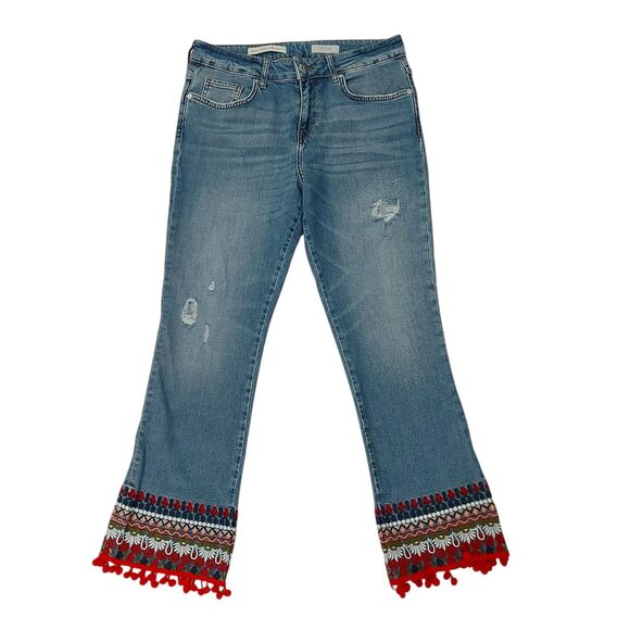 Anthropologie Pilcro Jeans Womens 29 Blue Mid-Rise Cropped Embroidered Pom Pom - Picture 1 of 12